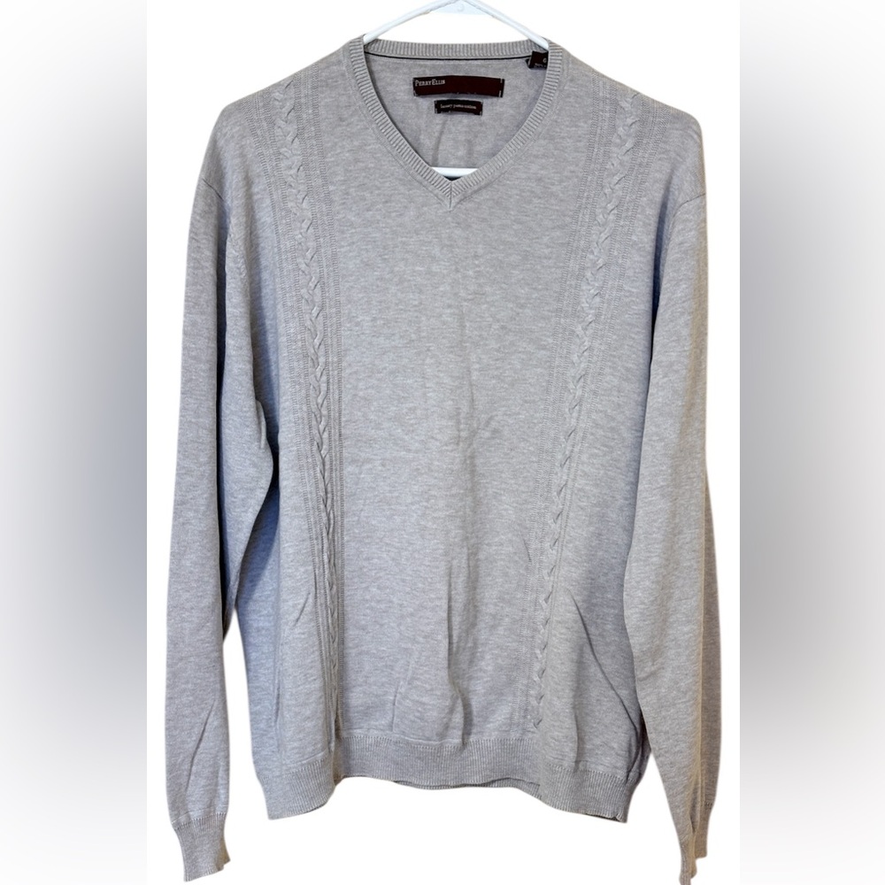 Perry Ellis Men’s Sweater Pima Cotton Gray V-Neck L Cable Knit